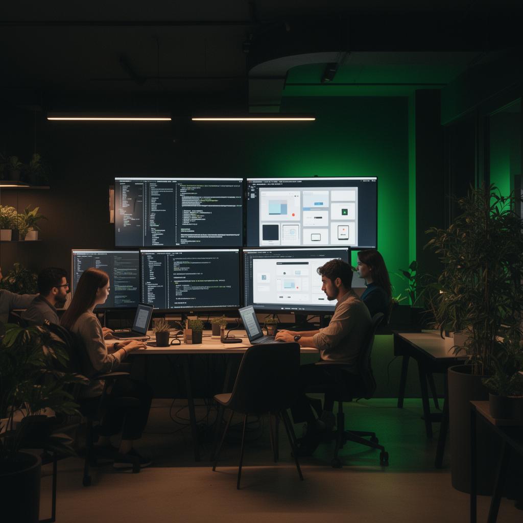UFOBite team collaborating in their modern workspace
